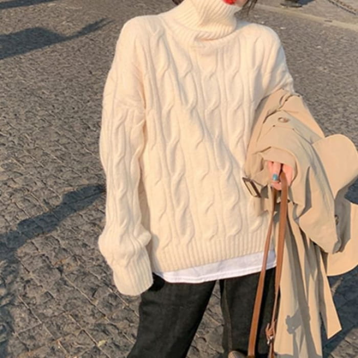 Turtleneck Cable-Knit Loose Sweater - White / One Size