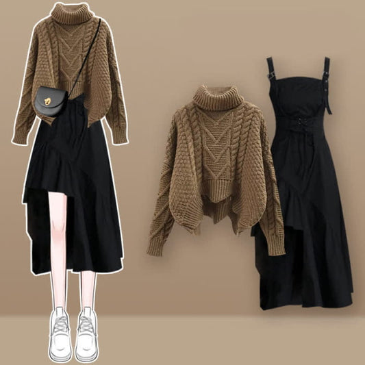Turtleneck Knit Sweater Lace Up Irregular Slip Dress Set modakawa