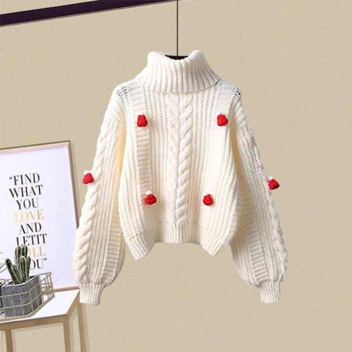 Turtleneck Knit Sweater Vintage Dragon Pattern Split Pants