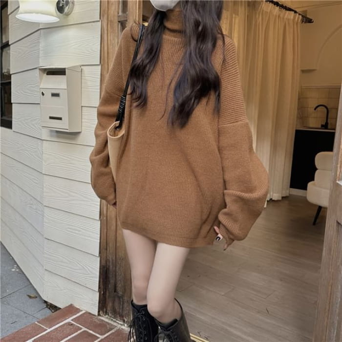 Turtleneck Plain Oversized Sweater - Caramel / S