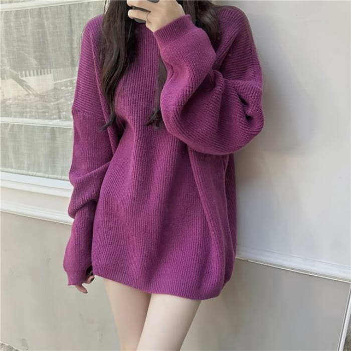 Turtleneck Plain Oversized Sweater - Purple / S