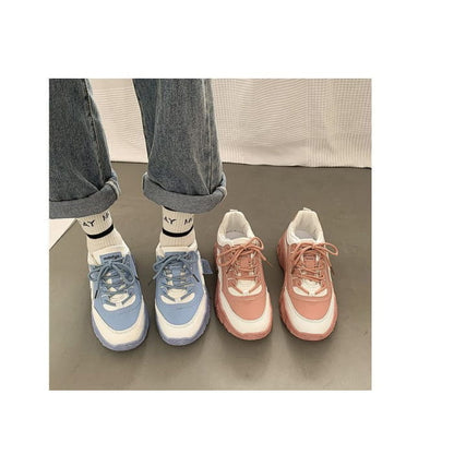 Two Tone Applique Lace-Up Platform Sneakers