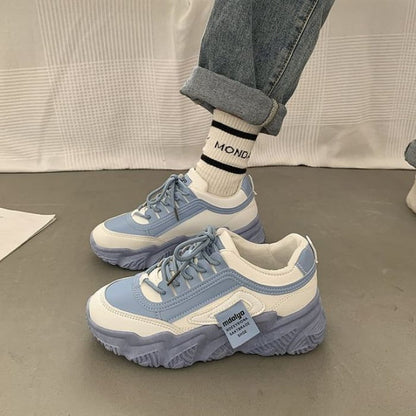 Two Tone Applique Lace-Up Platform Sneakers - Blue / 35