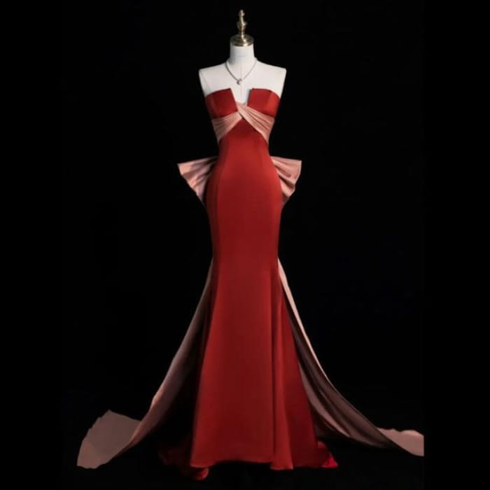 Two Tone Bow Criss Cross Mermaid Tube Evening Gown - Dresses