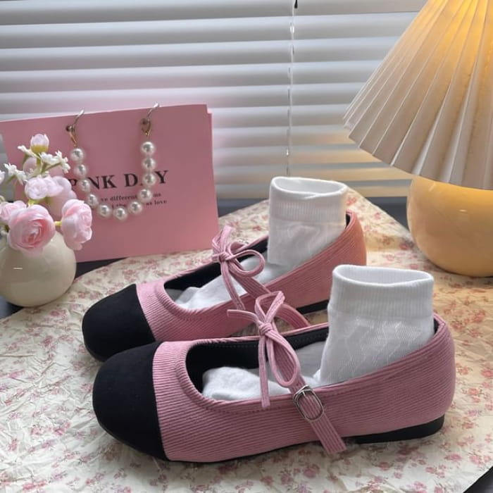 Two Tone Bow Mary Jane Shoes - Black & Pink / 35