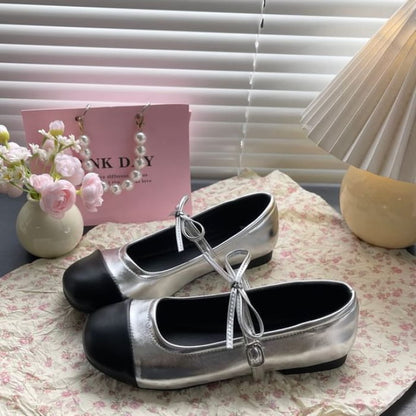 Two Tone Bow Mary Jane Shoes - Black & Silver / 35