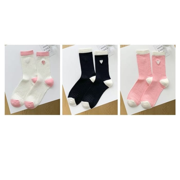 Two Tone Crew Socks Set - 01 - 3 Pair - Black & White Pink