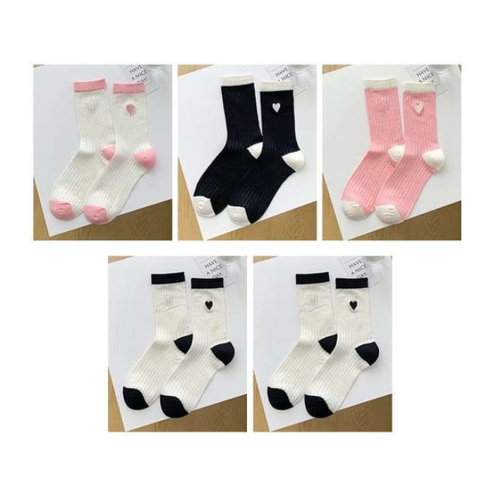 Two Tone Crew Socks Set - 02 - 5 Pair - Black & White Pink