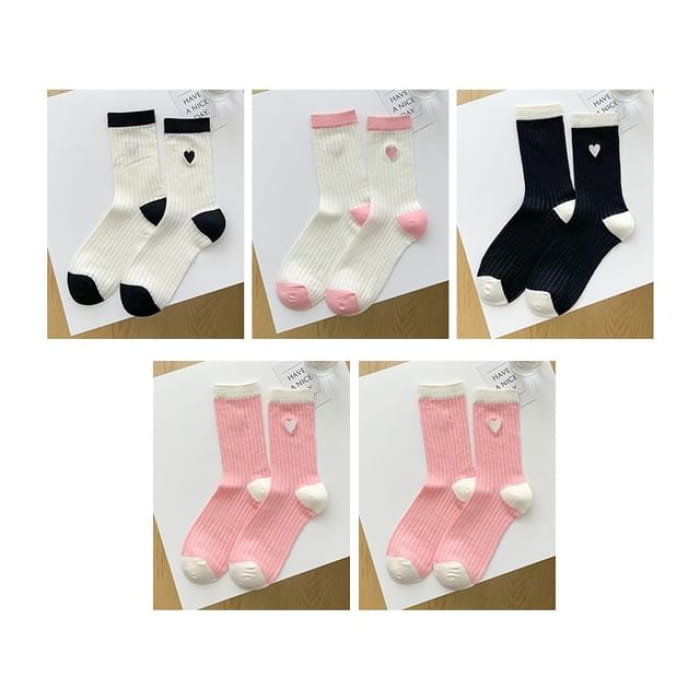 Two Tone Crew Socks Set - 04 - 5 Pair - Black & White Pink