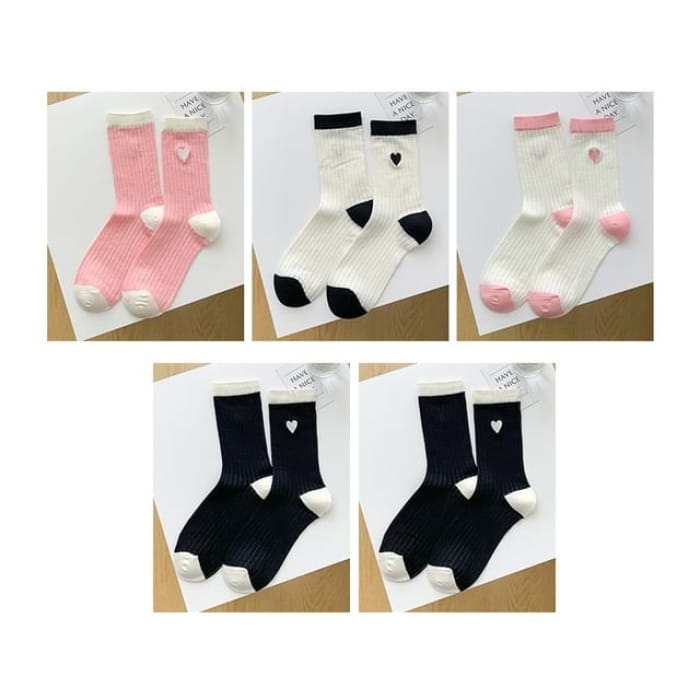 Two Tone Crew Socks Set - 06 - 5 Pair - Black & White Pink