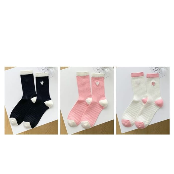 Two Tone Crew Socks Set - 07 - 3 Pair - Black & White Pink