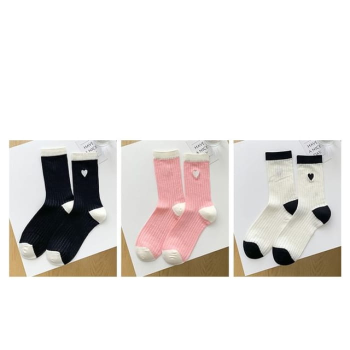 Two Tone Crew Socks Set - 08 - 3 Pair - Black & White Pink