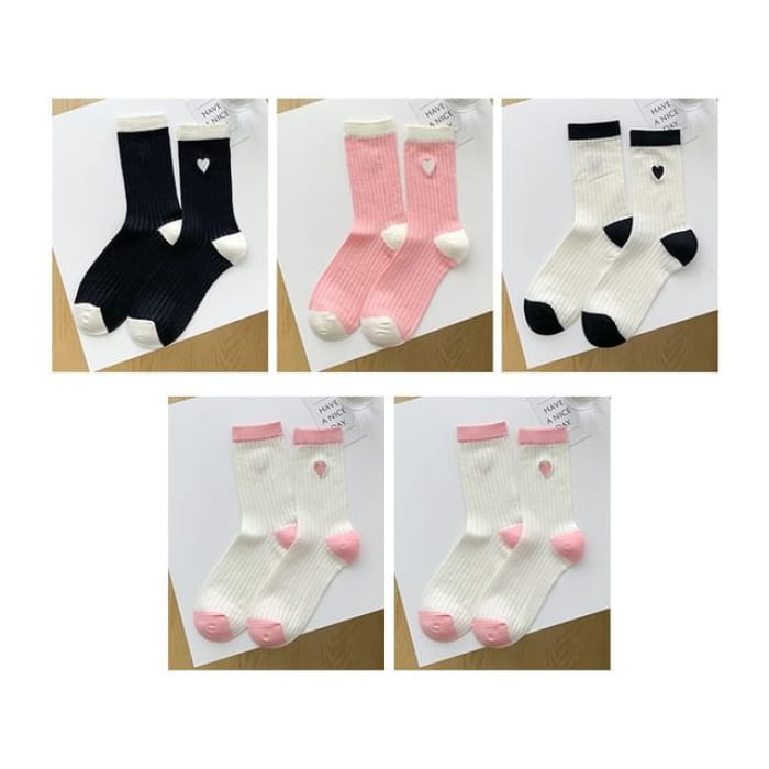 Two Tone Crew Socks Set - 09 - 5 Pair - Black & White Pink