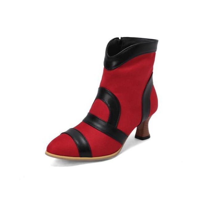 Two Tone High Heel Short Boots - Red / 34