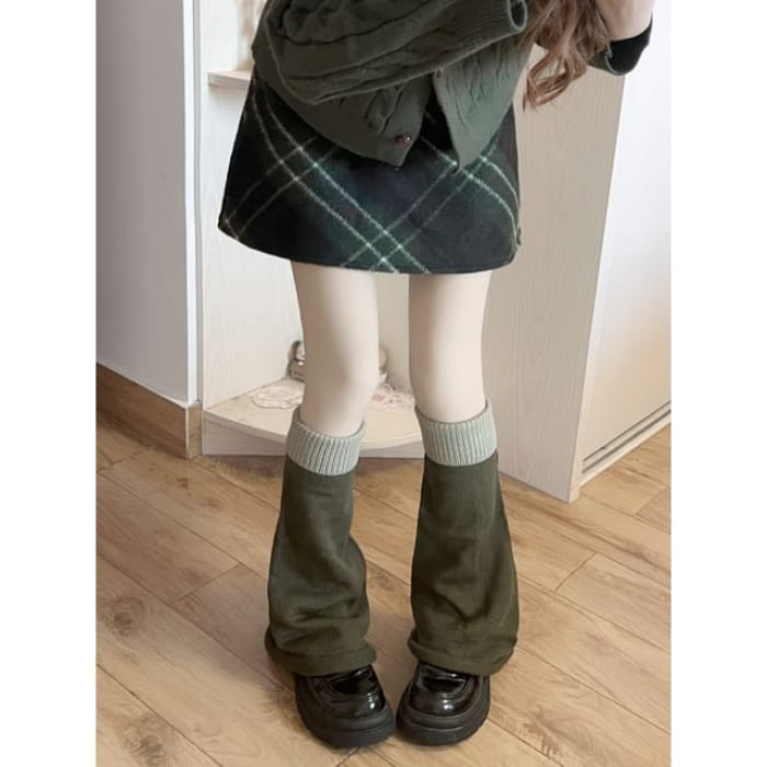 Two Tone Knit Leg Warmers - Green & / One Size