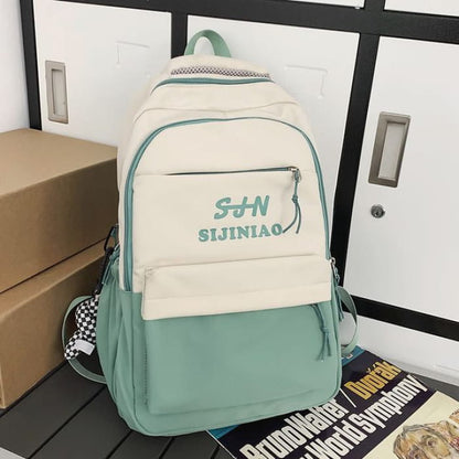 Two Tone Lettering Zip Backpack - With Bag Charm - Green