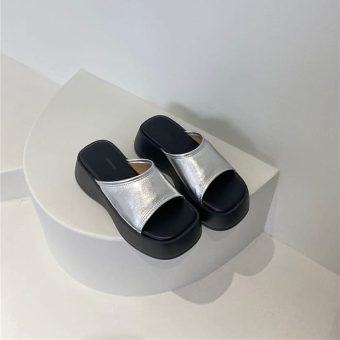 Two Tone Platform Slide Sandals - Silver / 35