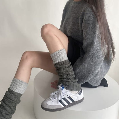 Two-Tone Ribbed Knit Socks / Set - 1 Pair - Gray / One Size