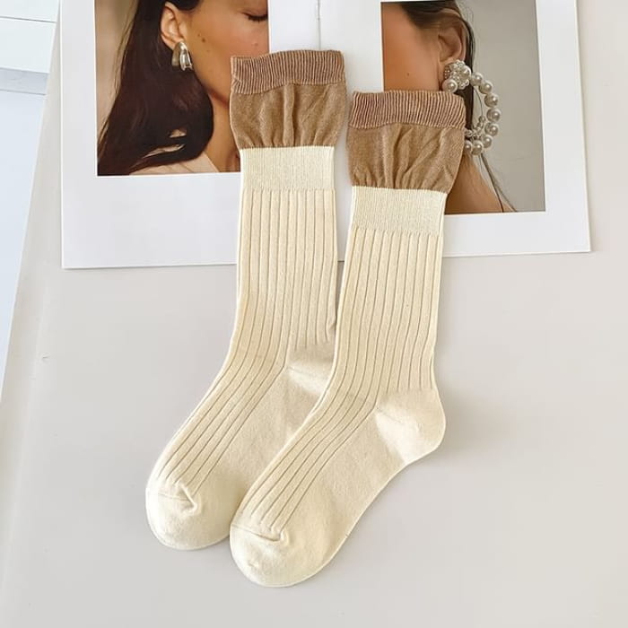 Two Tone Ribbed Socks / Set - of 2 Pairs - Beige / One Size