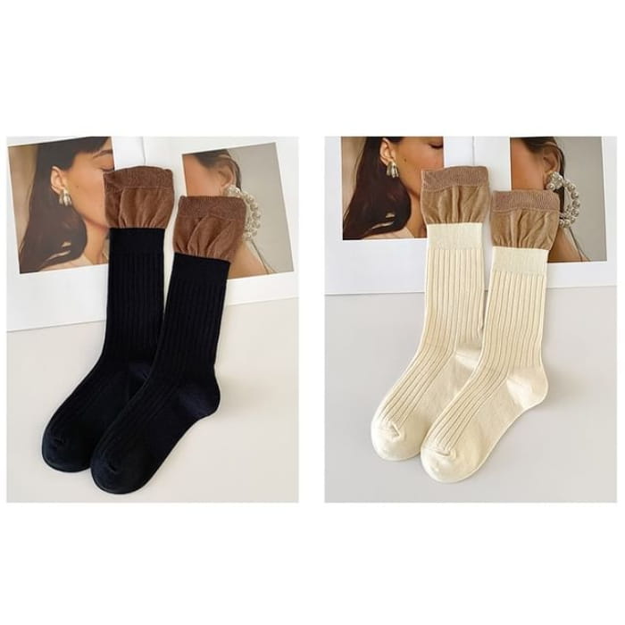 Two Tone Ribbed Socks / Set - of 2 Pairs - Black & Beige