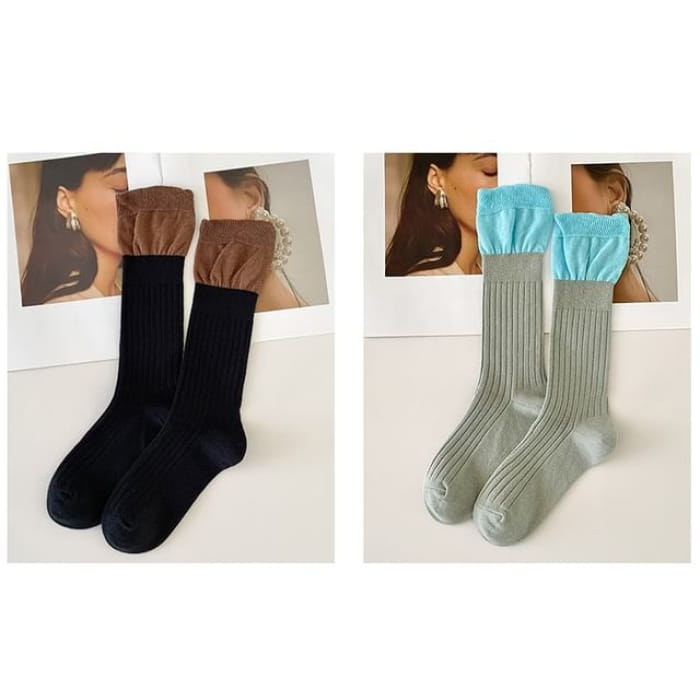 Two Tone Ribbed Socks / Set - of 2 Pairs - Black & Light