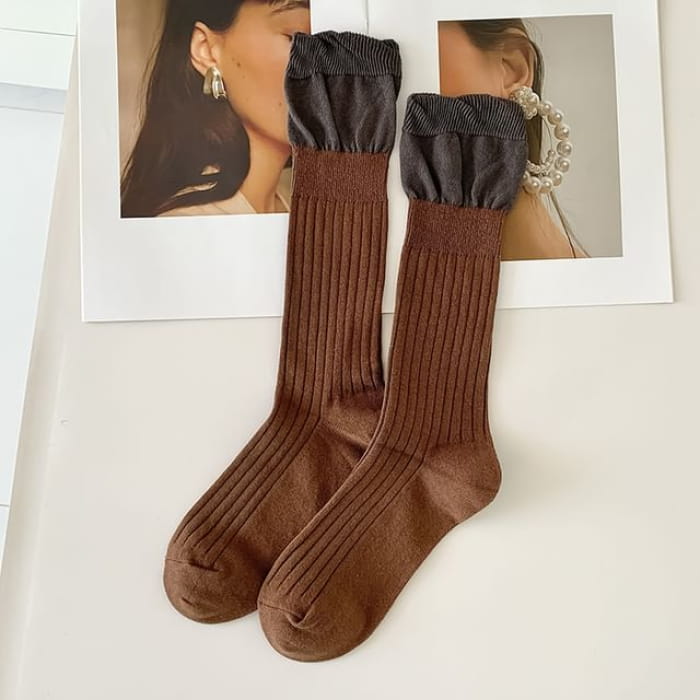 Two Tone Ribbed Socks / Set - of 2 Pairs - Dark Coffee