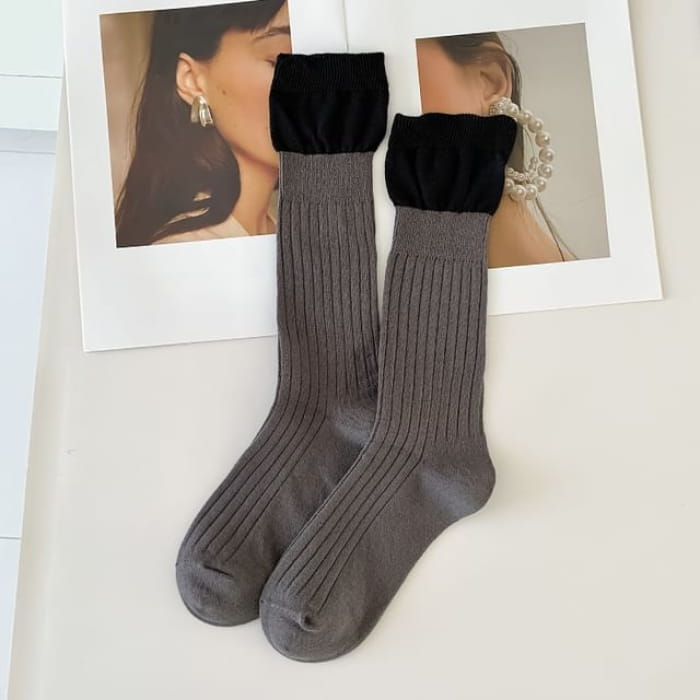 Two Tone Ribbed Socks / Set - of 2 Pairs - Dark Gray