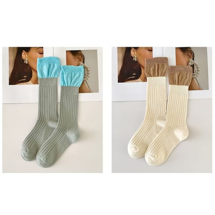 Two Tone Ribbed Socks / Set - of 2 Pairs - Light Gray &