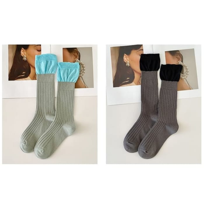 Two Tone Ribbed Socks / Set - of 2 Pairs - Light Gray &