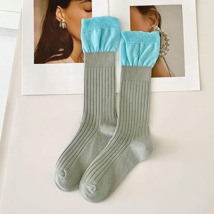 Two Tone Ribbed Socks / Set - of 2 Pairs - Light Gray