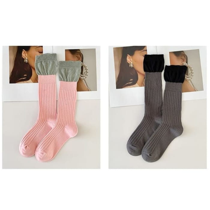 Two Tone Ribbed Socks / Set - of 2 Pairs - Pink & Dark Gray