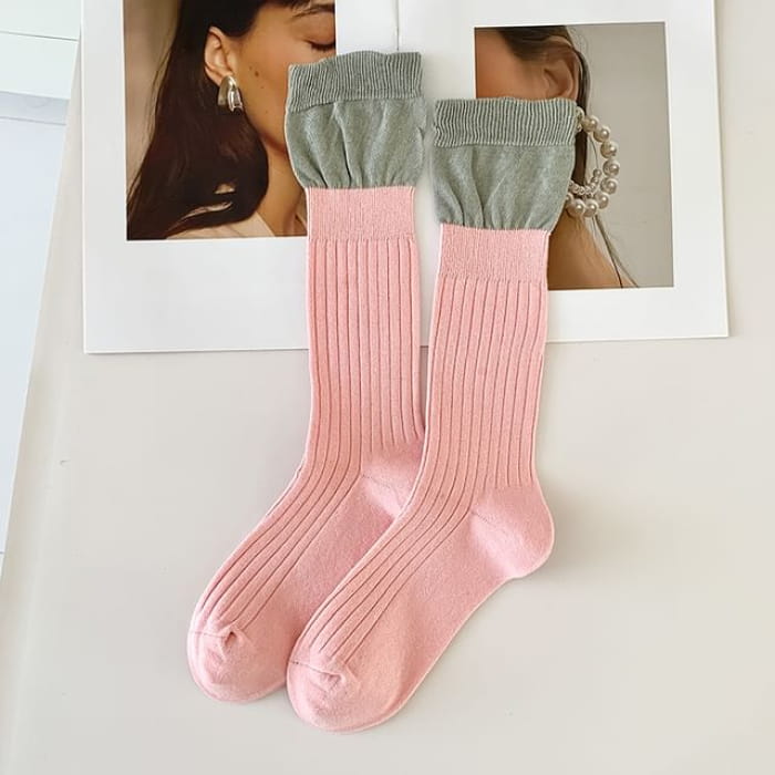 Two Tone Ribbed Socks / Set - of 2 Pairs - Pink / One Size