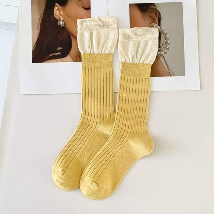 Two Tone Ribbed Socks / Set - of 2 Pairs - Yellow / One Size