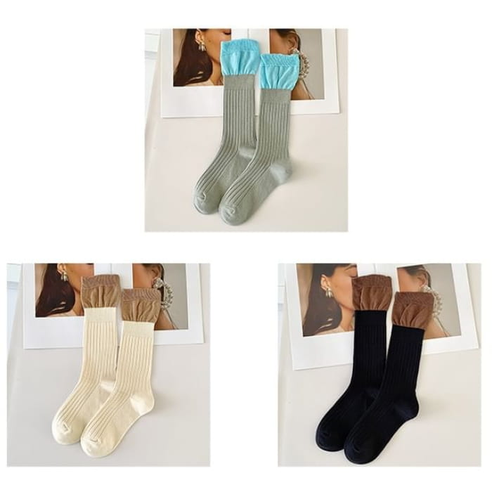 Two Tone Ribbed Socks / Set - of 3 Pairs - Light Gray &