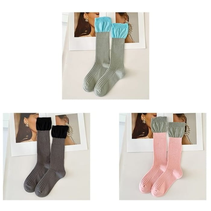 Two Tone Ribbed Socks / Set - of 3 Pairs - Light Gray &