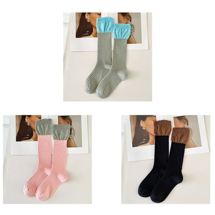 Two Tone Ribbed Socks / Set - of 3 Pairs - Light Gray &