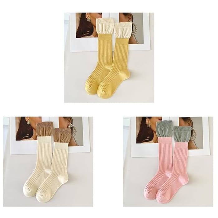 Two Tone Ribbed Socks / Set - of 3 Pairs - Yellow & Beige