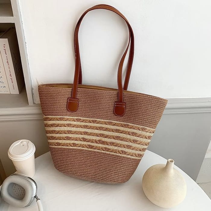 Two Tone Straw Tote Bag - 01 - Khaki / One Size