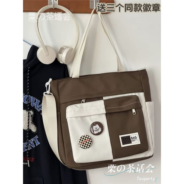 Two Tone Tote Bag / Charm / Set - Brown / One Size