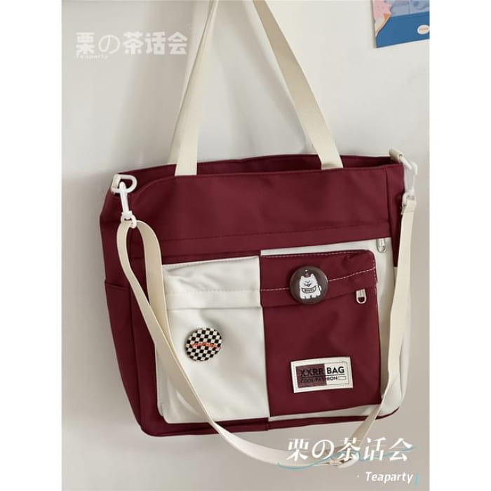 Two Tone Tote Bag / Charm / Set - Red / One Size