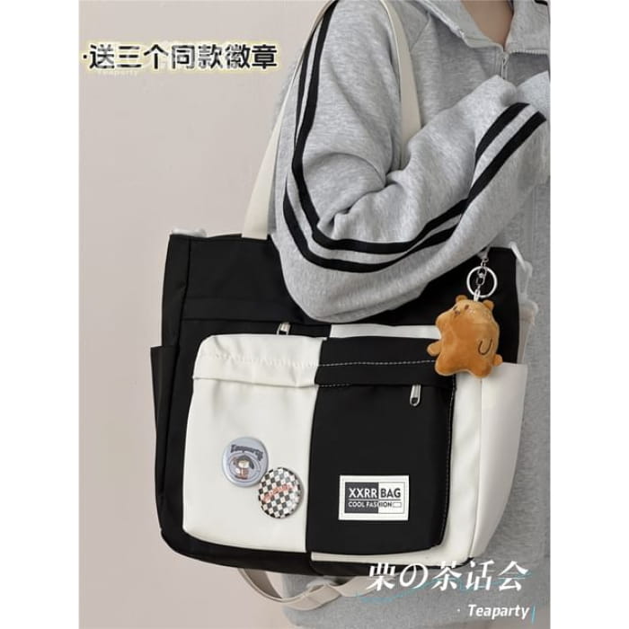 Two Tone Tote Bag / Charm / Set - With Bear - Black