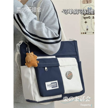 Two Tone Tote Bag / Charm / Set - With Bear - Blue