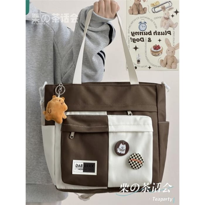 Two Tone Tote Bag / Charm / Set - With Bear - Brown