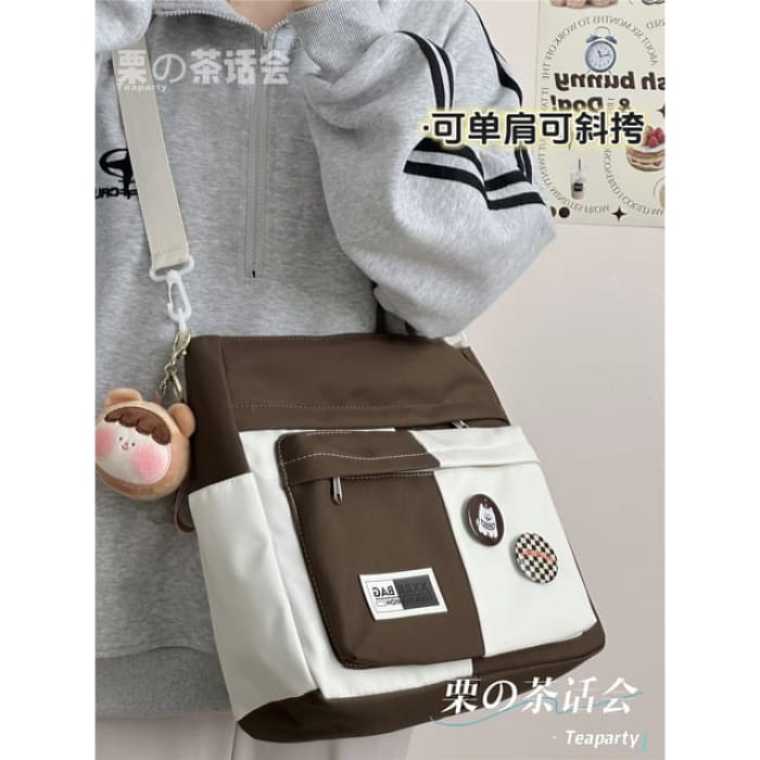 Two Tone Tote Bag / Charm / Set - With Bear Head - Brown