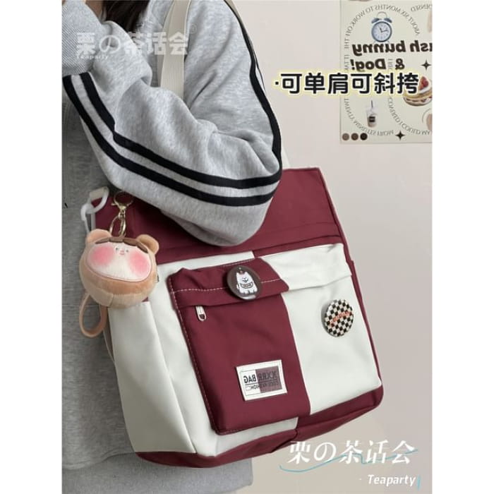 Two Tone Tote Bag / Charm / Set - With Bear Head - Red