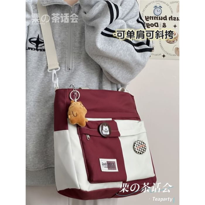 Two Tone Tote Bag / Charm / Set - With Bear - Red / One Size