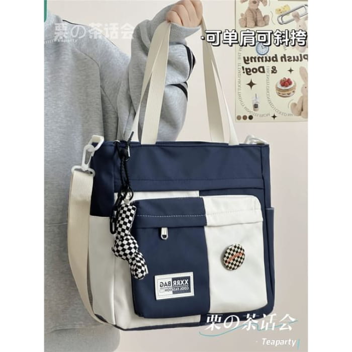 Two Tone Tote Bag / Charm / Set - With Knot - Blue