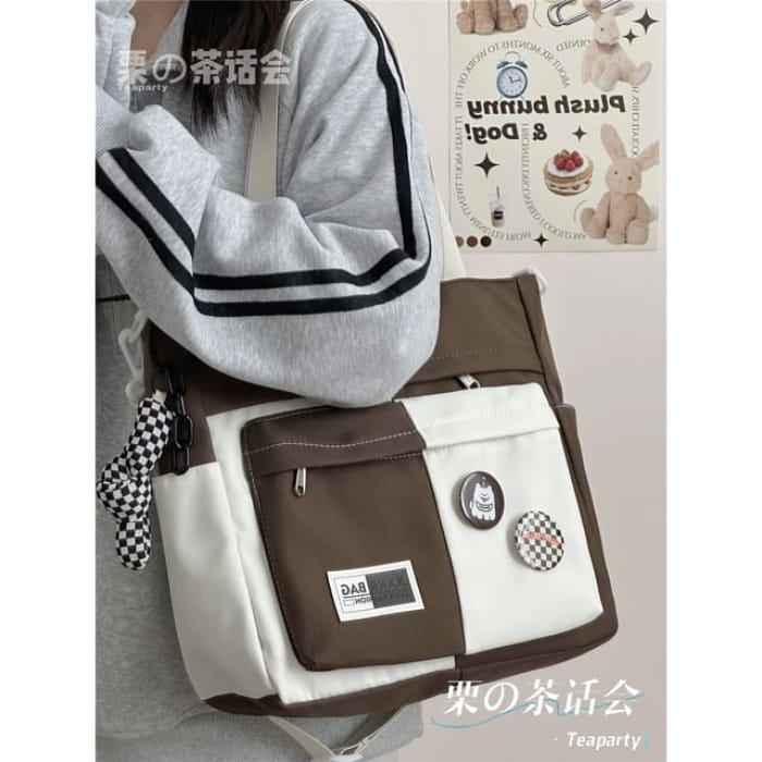 Two Tone Tote Bag / Charm / Set - With Knot - Brown