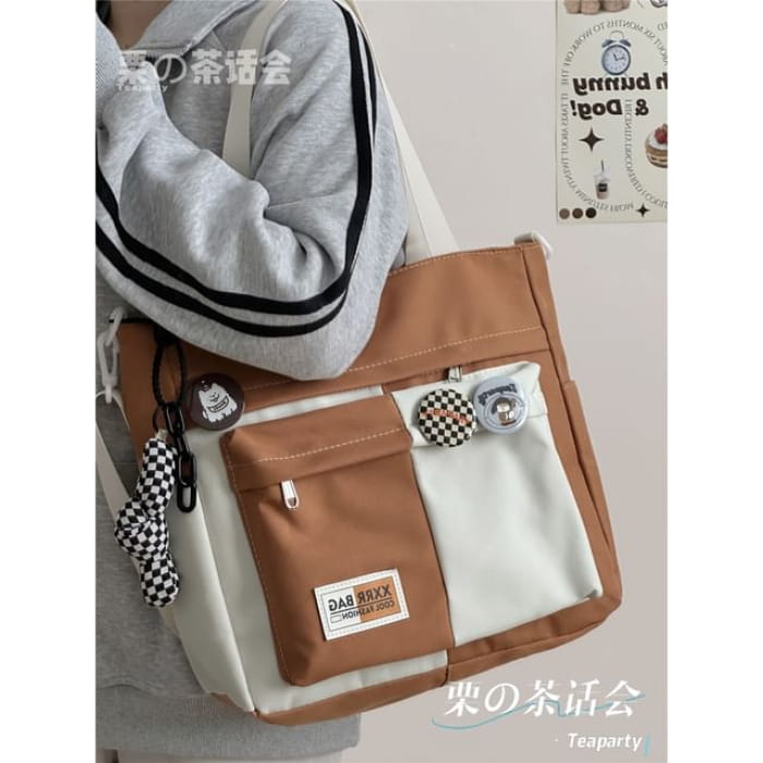 Two Tone Tote Bag / Charm / Set - With Knot - Caramel