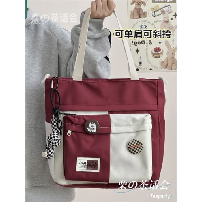 Two Tone Tote Bag / Charm / Set - With Knot - Red / One Size